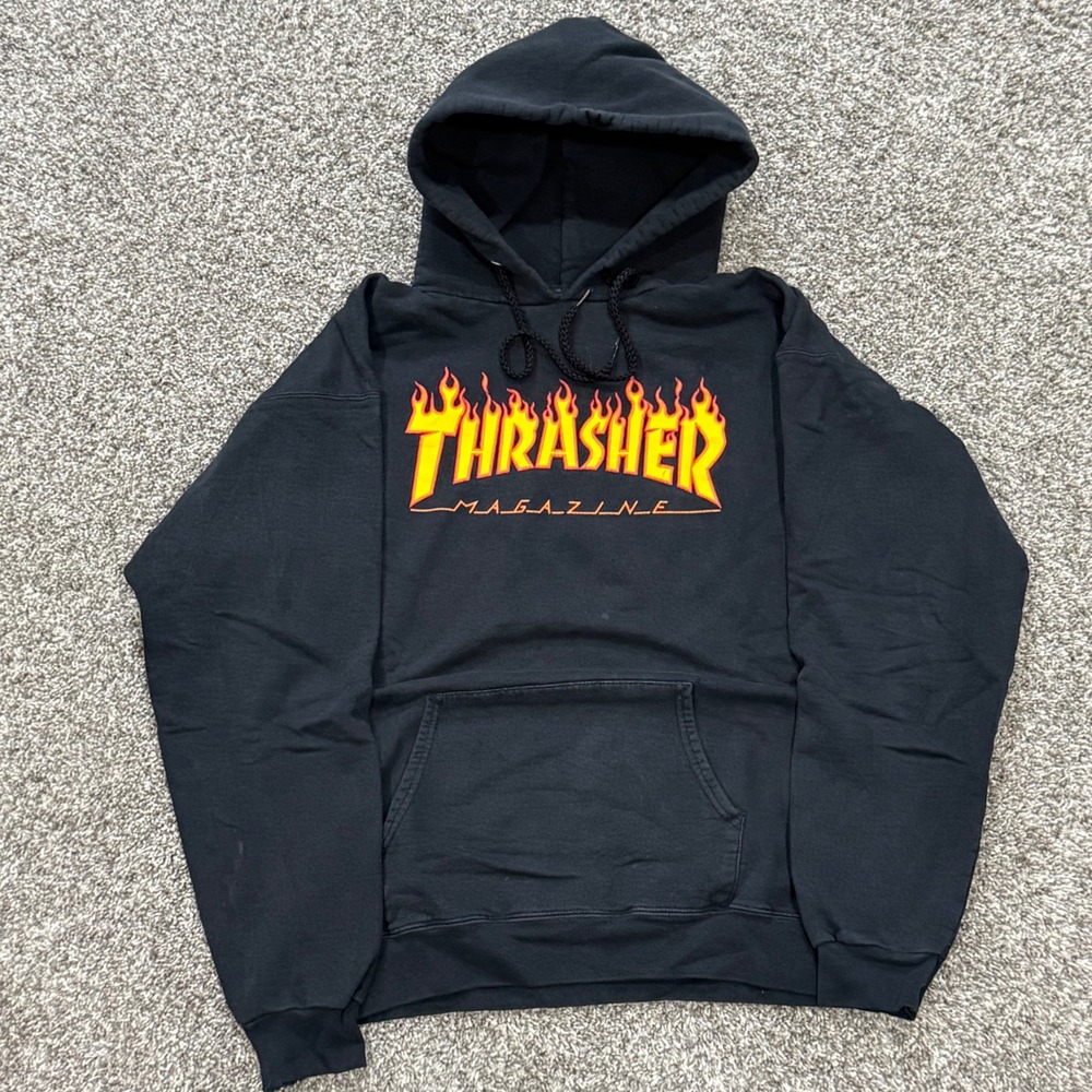 Vintage Thrasher Magazine Flame Logo Skater Hoodie Mens M Retro Pullover Graphic